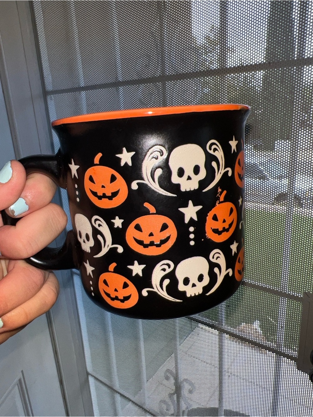 NWT 18oz Halloween Pumpkin & Skull Ceramic Mug - Black and Orange